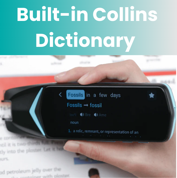 Scan Reader Pen showing word definition from built-in Collins Dictionary on screen
