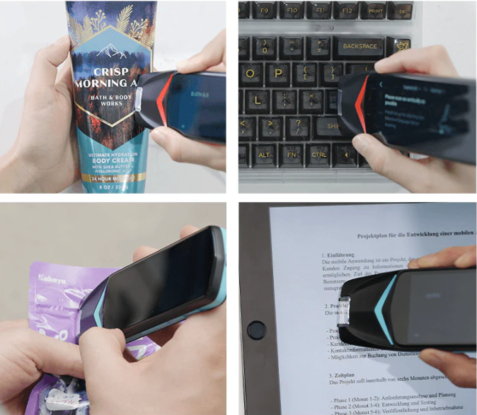 Scan Reader Pen scanning text from a book, smartphone, tablet, and printed paper