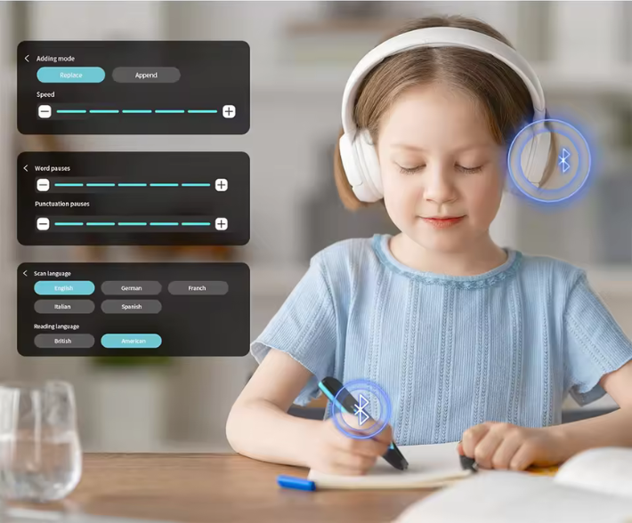Child using Scan Reader Pen with headphones and reading settings for personalised audio experience